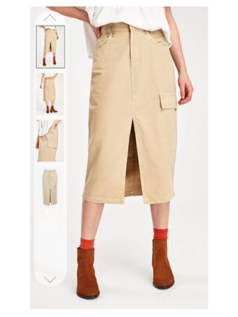 Free People Scout Midi Skirt Women size 26 Khaki Cargo Pocket Twill Slit
